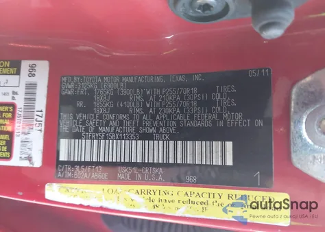 2011 Toyota Tundra Grade 5.7L V8 из США, поврежденный, VIN 5TFRY5F15BX113353